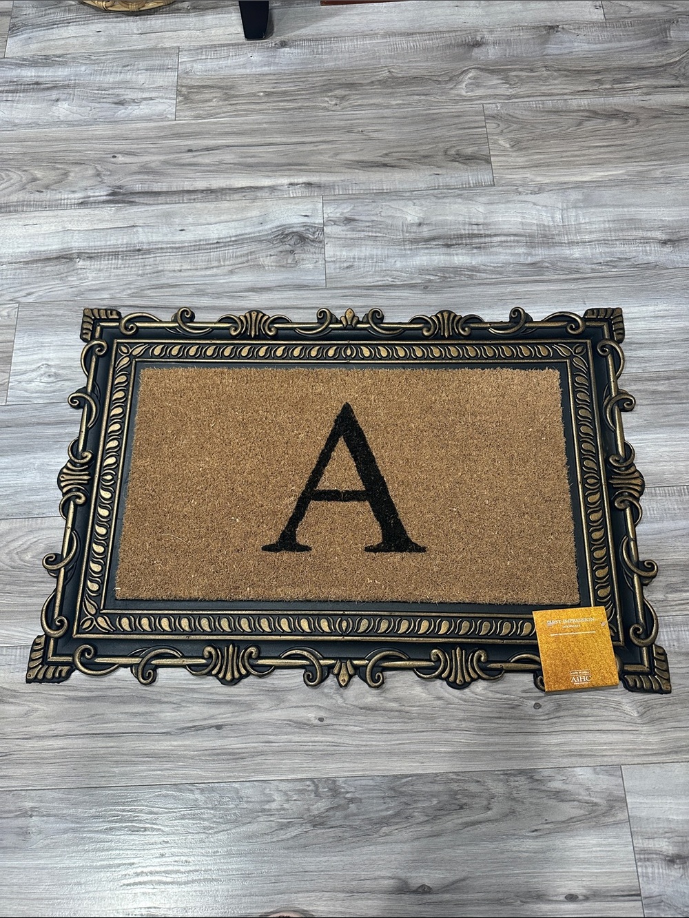 Monogram 'A' Rubber Doormat with Decorative Black and Gold Frame.